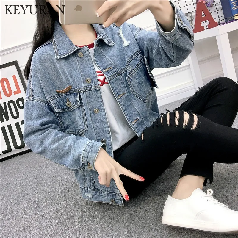 2019 модные джинсы бойфренды Винтаж Для женщин заклепки куртка с отверстиями весна