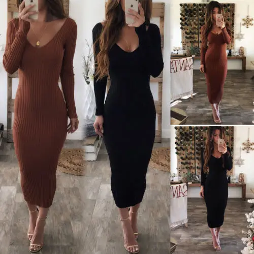 

Women Sexy New Solid Skinny Sweater Dress Knitted V Neck Long Sleeve Autumn Bandage Slim Stretch Bodycon Wrap Dress