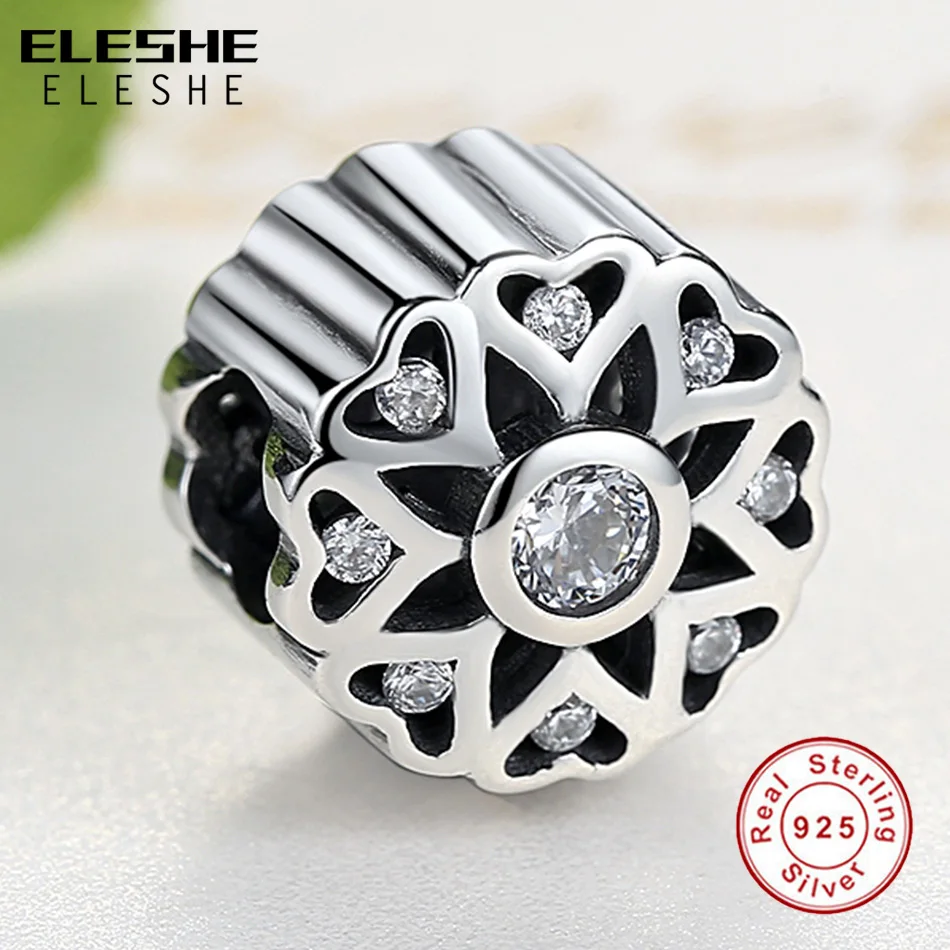 Original 925 Sterling Silver Charm with Crystal Radiant Primrose Heart Bead Fit ELESHE Charm Bracelet Authentic Beads for Making