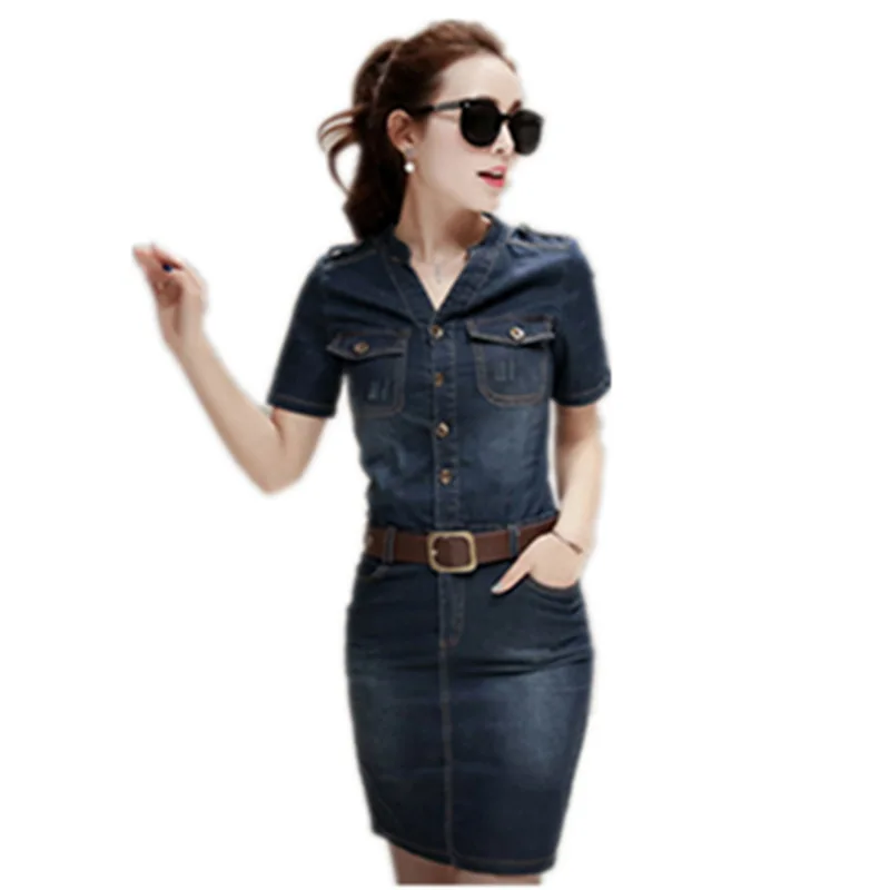

2018 New Women Summer Sexy Behind Slit Slim Stretch Thin Package Hip Dress Long Female Short-sleeved Denim Dress With Belt LD102