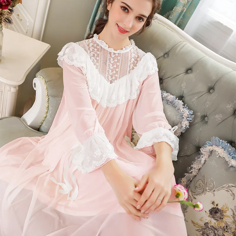 2019 викторианское свадебное платье для женщин Весенняя пижама с длинным рукавом розовая кружевная ночная рубашка хлопок ночная рубашка