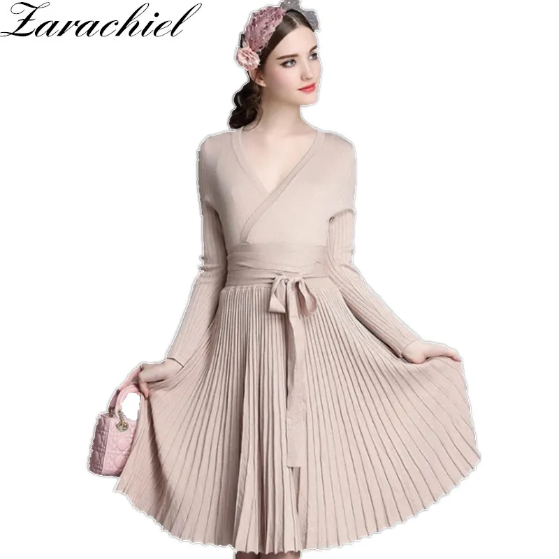 

Zarachiel 2019 Winter Women Solid Sexy V Neck Long Sleeve Bow Waist Self Belt Fold Pleated Dress Office Lady Retro Knitted Dress