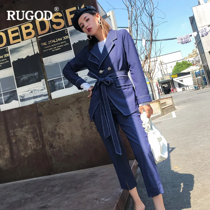 RUGOD офисный Женский комплект из двух предметов, Деловой брючный костюм, женский элегантный блейзер с поясом, куртка+ штаны длиной до щиколотки, спортивный костюм