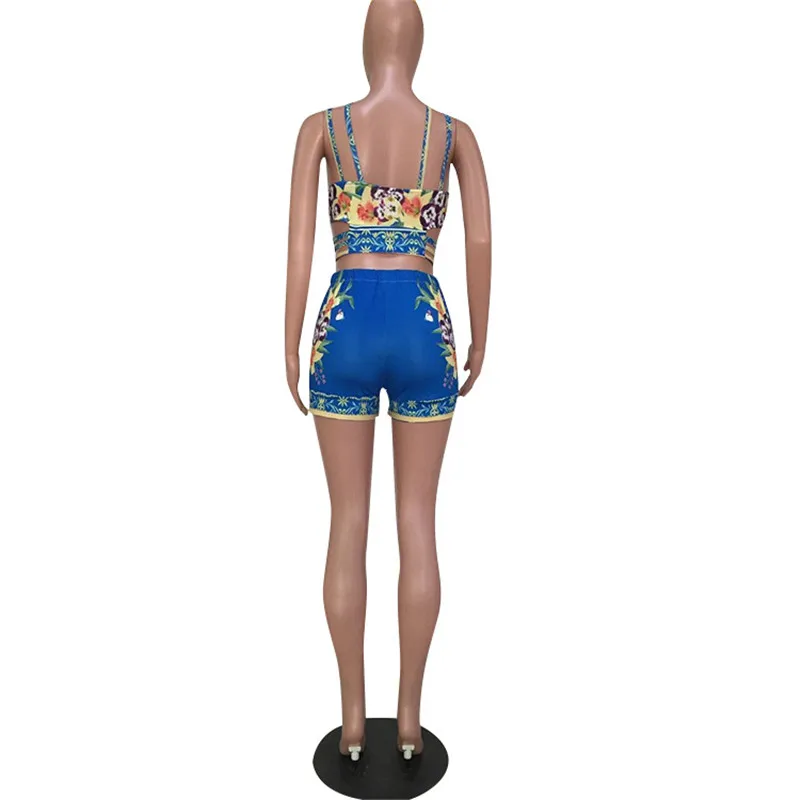 Adogirl цветочный принт женский спортивный костюм летний комплект из двух предметов выдалбливают Спагетти ремни укороченный топ+ шорты Дешевые Модные наряды