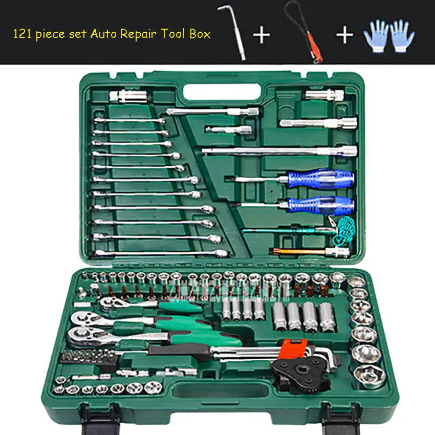 LSQXIGJ-01 набор из 121 предметов, коробка для инструментов для ремонта автомобиля, втулка, гаечный ключ, домашний набор для ремонта автомобиля, трещотка, ремонт, ручные инструменты, разборка шин - Цвет: 121 piece set