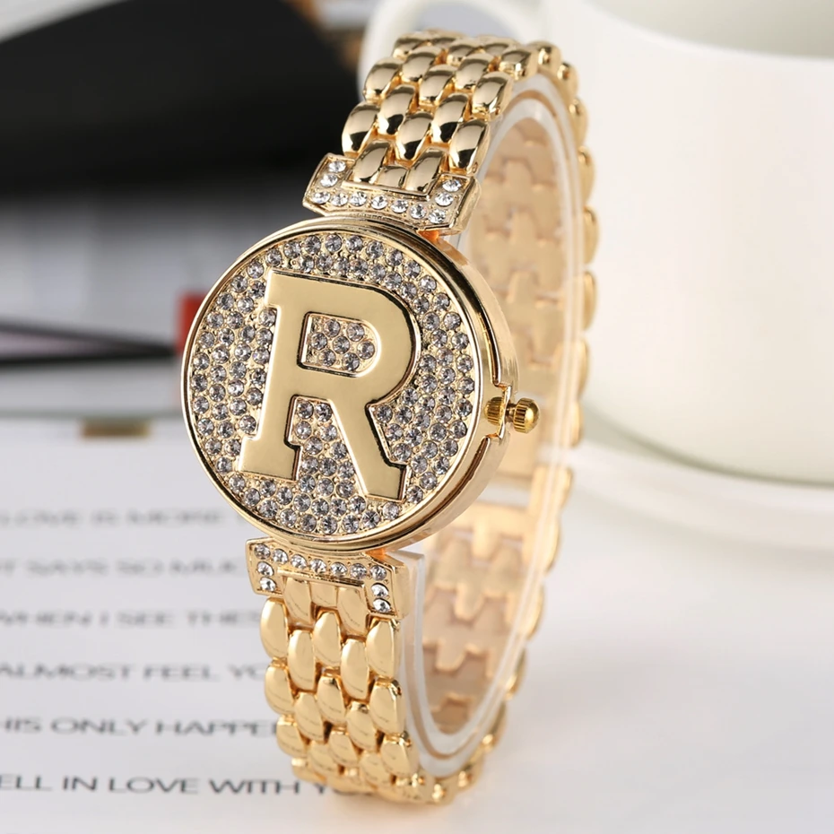 Часы с надписью R и кристаллами, Уникальные Кварцевые часы с откидной крышкой, модные шикарные повседневные женские часы-браслет, золотые женские часы