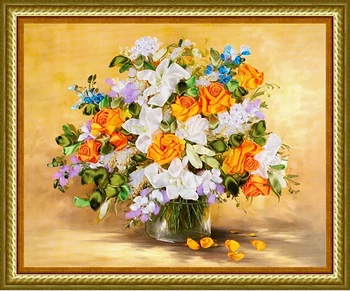 

55x50cm DIY Ribbon Embroidery Painting Modern living room bedroom decor Cross Stitch Tool Kit Unfinished Needlework Craft Gift