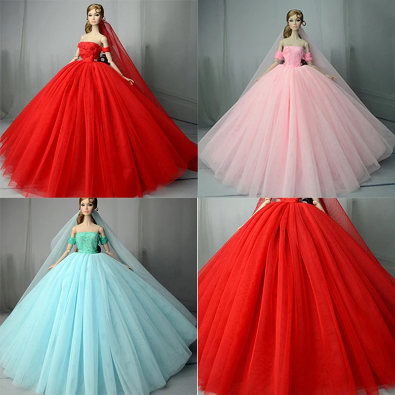 

High quality Handmade Long Tail Evening Gown Clothes Lace Wedding Dress +Veil For Doll Best Gift Doll Dress