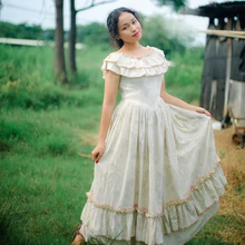 Jessica’s Store Original Design Women Summer Vintage French Pastoral Style Slim O-Neck Ruffles Layer Floral Cotton Long Dress