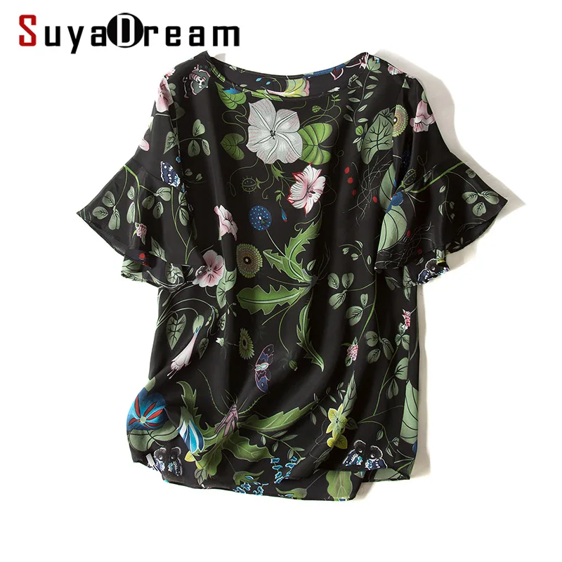 

100%REAL SILK Women T shirt Silk Crepe Butterfly sleeved Floral Printed shirt Blusas femininas 2018 Spring Summer