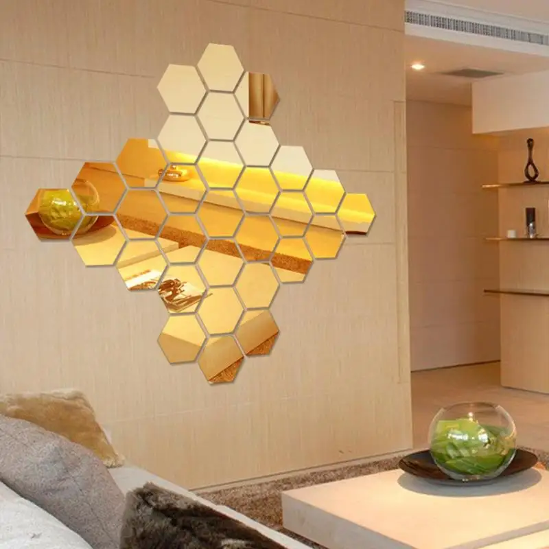 

12 Pcs Silver Gold 3D Mirror Geometric Hexagon Acrylic Decorative Films Home Decor Art DIY Living Room Bedroom Decor Sticker
