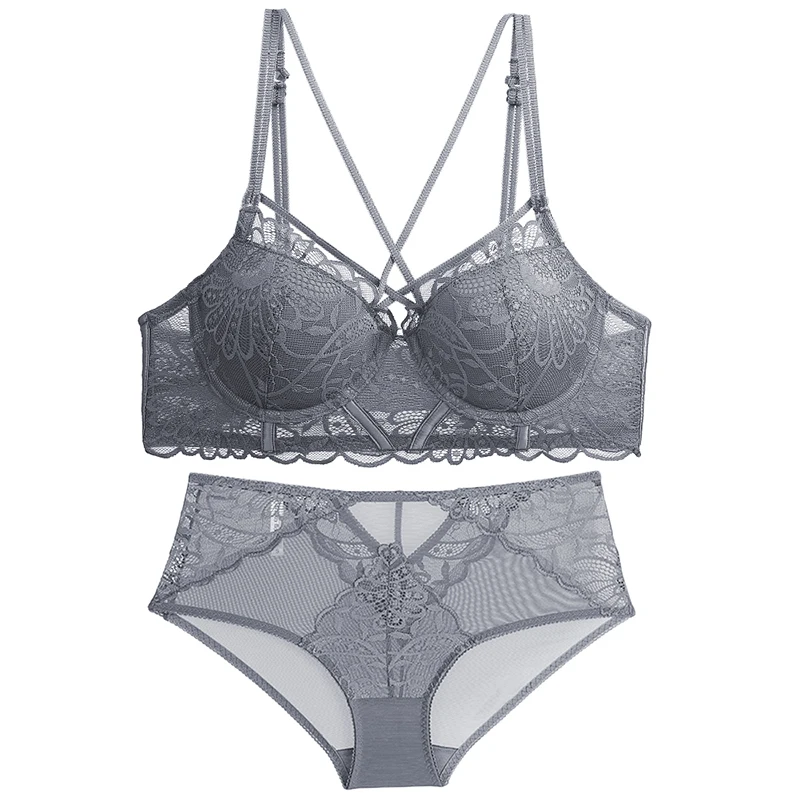 

Gather Fashion Underwear Women Bra Set Push Up Brassiere Cross Thick Deep V Sexy Bras and waist-high panties Lace Lingerie Sets
