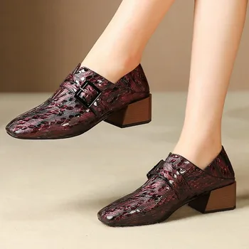 

MLJUESE 2020 women pumps cow leather autumn spring buckle strap wine red color square toe high heels lady shoes party size 34-42