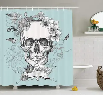 

Grunge Home Shower Curtain Set Skull Flowers Day of The Dead Mexican Traditional Celebration Symbolic Art Bathroom Turquoise