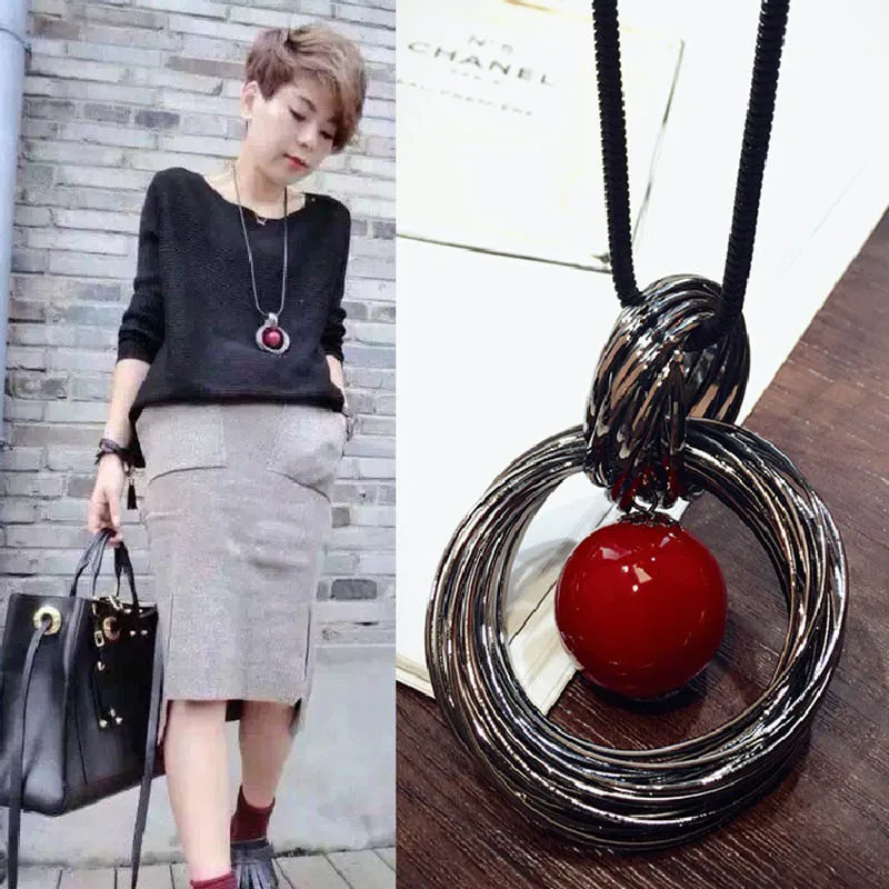 

Women Long Necklace Double Circle Red Pearl Sweater Chain Necklace & Pendants Jewelry Statement Pendant Geometric Necklace NL210
