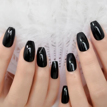 

Cool Black Tip Acrylic Nails Full Cover UV Gel Nail Tips Medium Coffin Nails with Adhesive Tabs 24 PCS