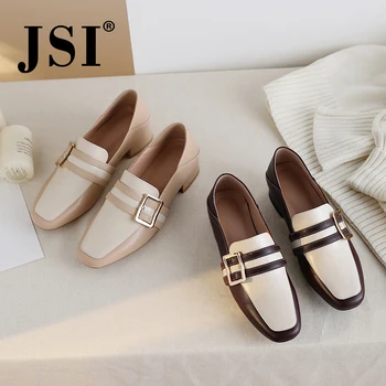 

JSI Square Toe Flats New Arrival Cow Leather Slip-on Casual Basic Metal Buckle Design Flats Quality Handmade Woman Shoes JO09