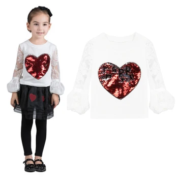 

white tshirt for girls 2018 New Style 3-8Y Sequins Lace Long Sleeve Cotton kid blouse for girl tshirt Toddler Children Clothes