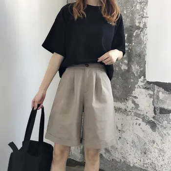 

2019 Women Half Length Pockets Casual Shorts Solid Summer Office Lady Loose Shorts Fashion Knee Length Button Mini Trousers
