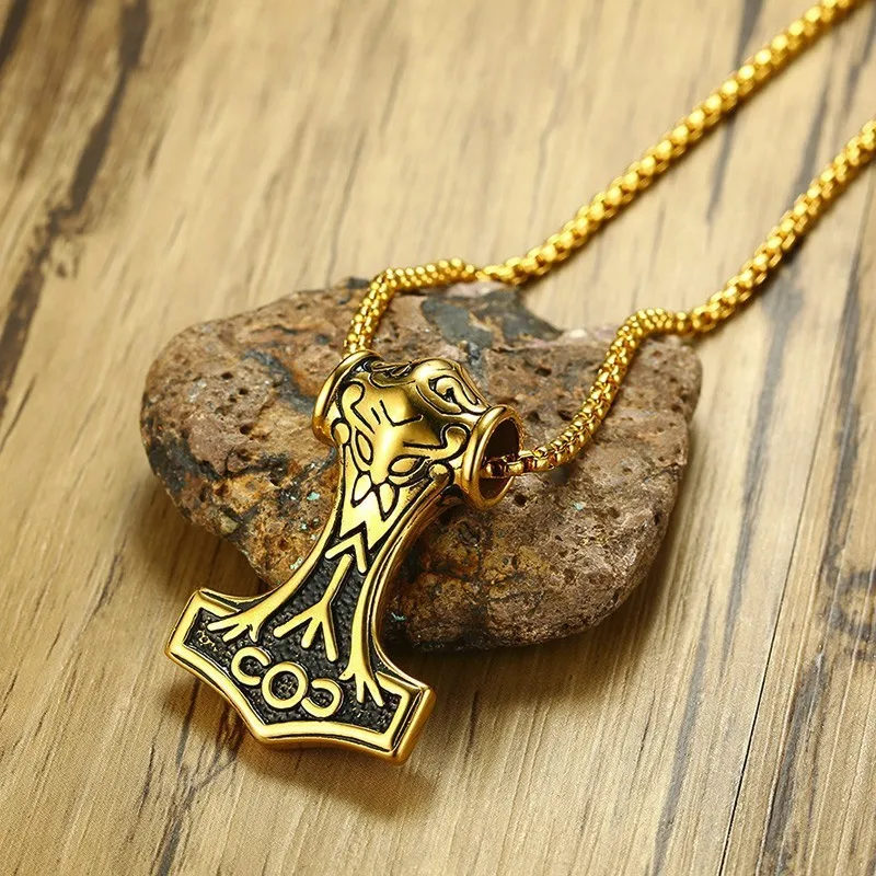 

Men Mjolnir in the Norse Mythology is the hammer of Thor Pendant Necklace Stainless Steel Golden Viking Men's Jewelry 24 inch