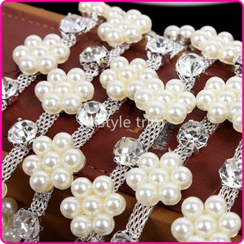 

1 Yard Shiny Rhinestone Imitation Pearl Costume Crystal chain Applique Trims