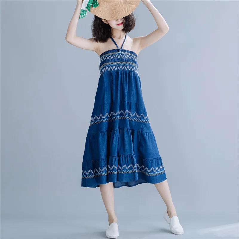 Летняя женская винтажная синяя юбка с завышенной талией, с геометрическим принтом, с вышивкой, на завязках, длинная трапециевидная юбка, облегающая Праздничная юбка