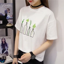 Harajuku Japanese Cartoon Print Sweatshirt Tee Loose Bottle Embroidery T Shirt Femme Summer Women Casual Short Sleeve GirlsTops
