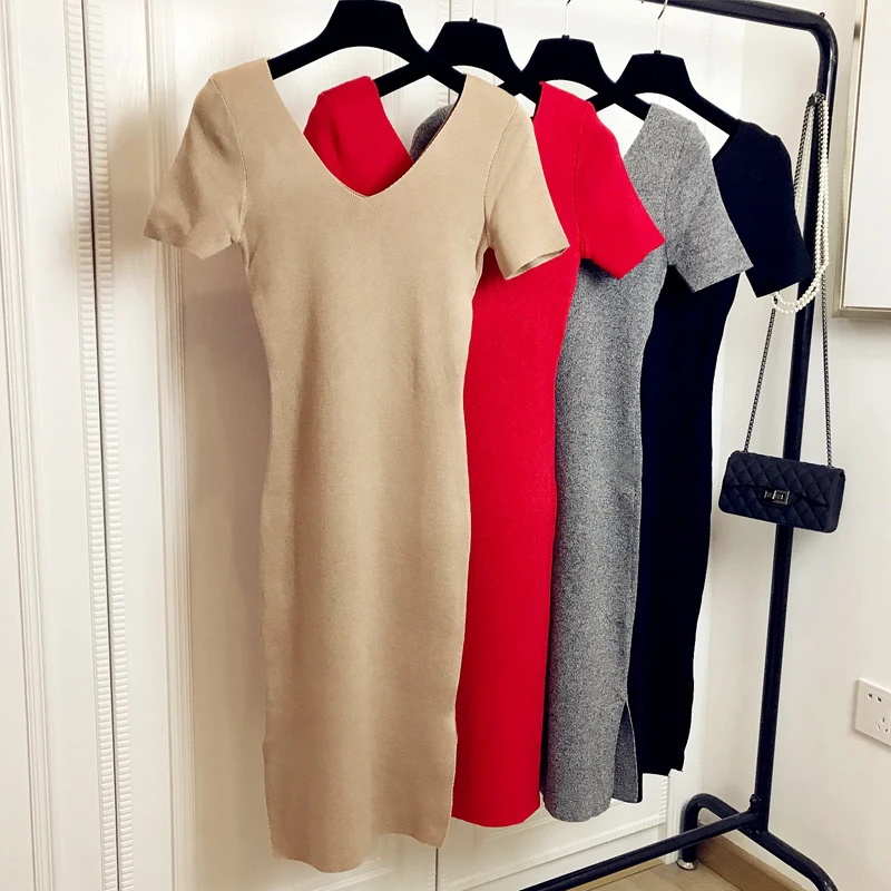 

2018 New Women Short Sleeve Knee Length Knitted Dress V Neck Casual Spring Summer Clothes Women