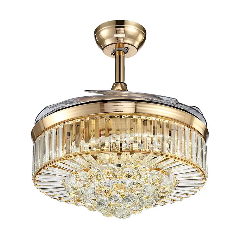 European Invisible K9 crystal ceiling fan light luxury gold living room