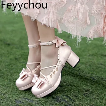 

Women Pumps Med Heel Mary Janes Lolita Shoes Spring Autumn Pu Buckle Platform New Sexy Fashion Sweet Casual Pink Black Red Blue