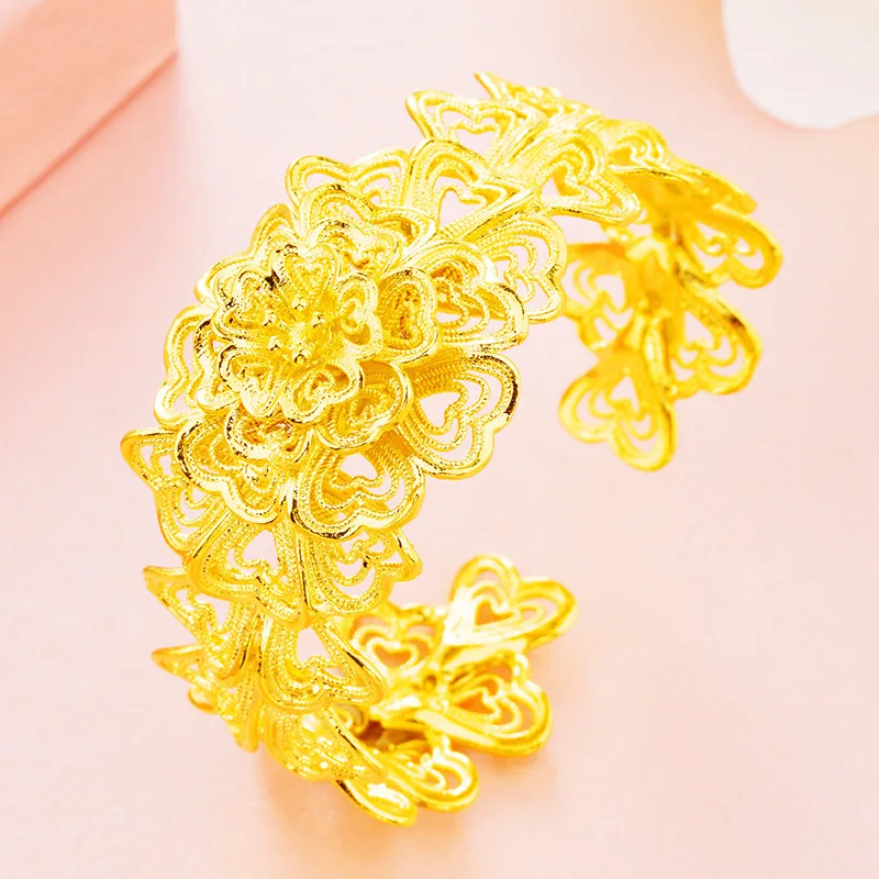Полые широкие браслеты-манжеты и браслеты для женщин и мужчин Настоящее 24 к золотого цвета открытый большой женский браслет браслеты модные ювелирные изделия Pulsera