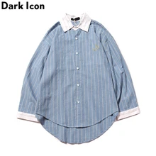 Dark Icon Moon вышивка отложной полосатый рубашки Осень Новые негабаритные мужские рубашки с длинным рукавом белый/синий