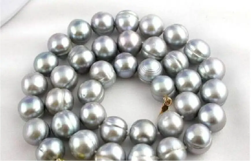 

surprising 18" AAA 12-13mm tahitian baroque gray pearl necklace 925silver GOLD