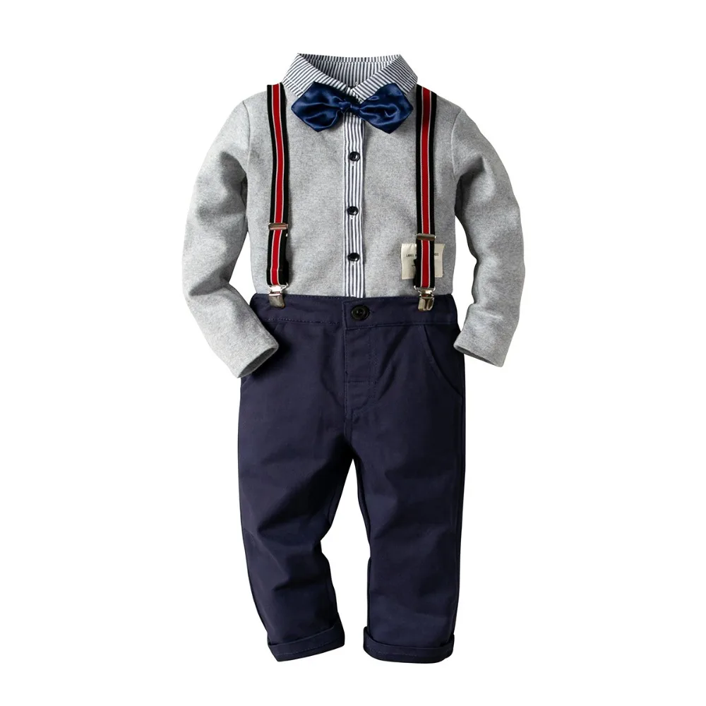 

Children Boys Clothing Set 2019 Spring Tops Tie bow Sweater +Suspender Pants 2 Pieces Handsome Kids Boys Clothes Outfits