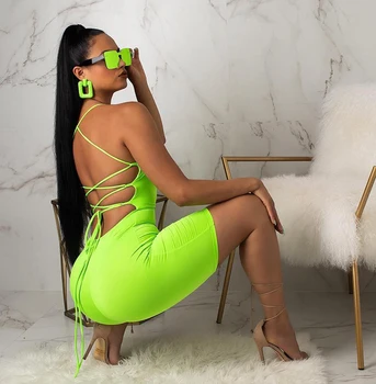 

2019 new arrival neon green orange strap back lace up rompers women playsuit sexy backless bandage design skinny bodysuit