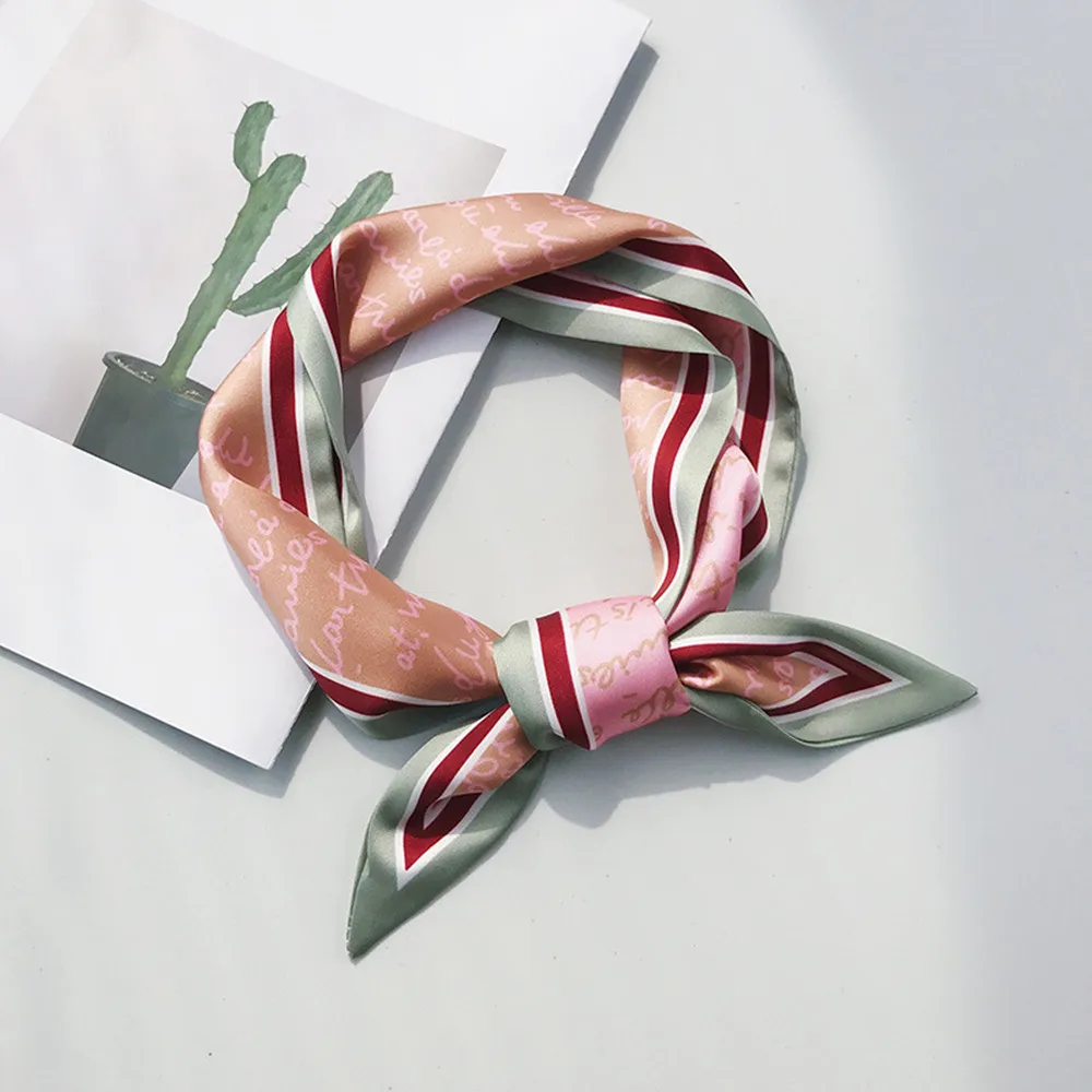 Girls Elegant Scarf Letters Print Solid Color Silk Scarf Small Bag Ribbon Female Winter Hair Band Handbag Scarve Ornament Turban
