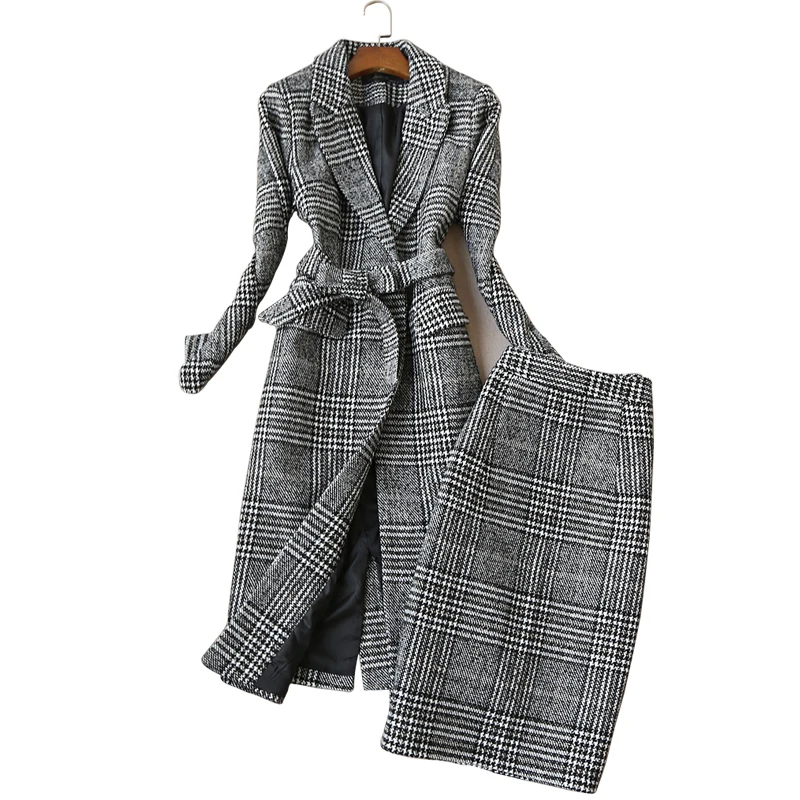 

2019 Fashion Suits Women Winter Autumn New Slim Long-sleeved Tweed Plaid Coat High Waist Skirt Two-piece Suits Women Clothing