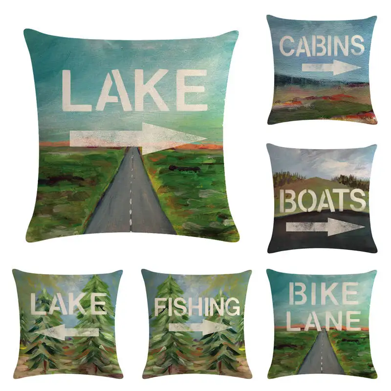 Letter Lake Fishing Boats Cabins Pillow Cover 45*45cm Car Linen Cushion Covers Home Decoration