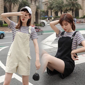

Women Casual Loose Black Beige Short Jumpsuits Female Summer Streetwear Pocket Straight Bodysuit Denim Solid Clothes