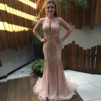 

Sexy Backless Crystal Beaded Long Mermaid Evening Prom Gown High Neck Women Formal Dress for Wedding Party
