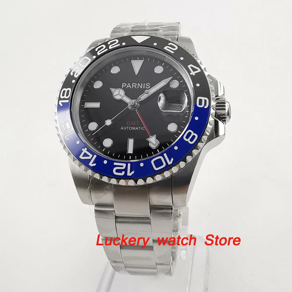 

40mm Parnis Black and blue Ceramic Bezel black dial GMT luminous marks sapphire glass automatic Mens Watch-PA49