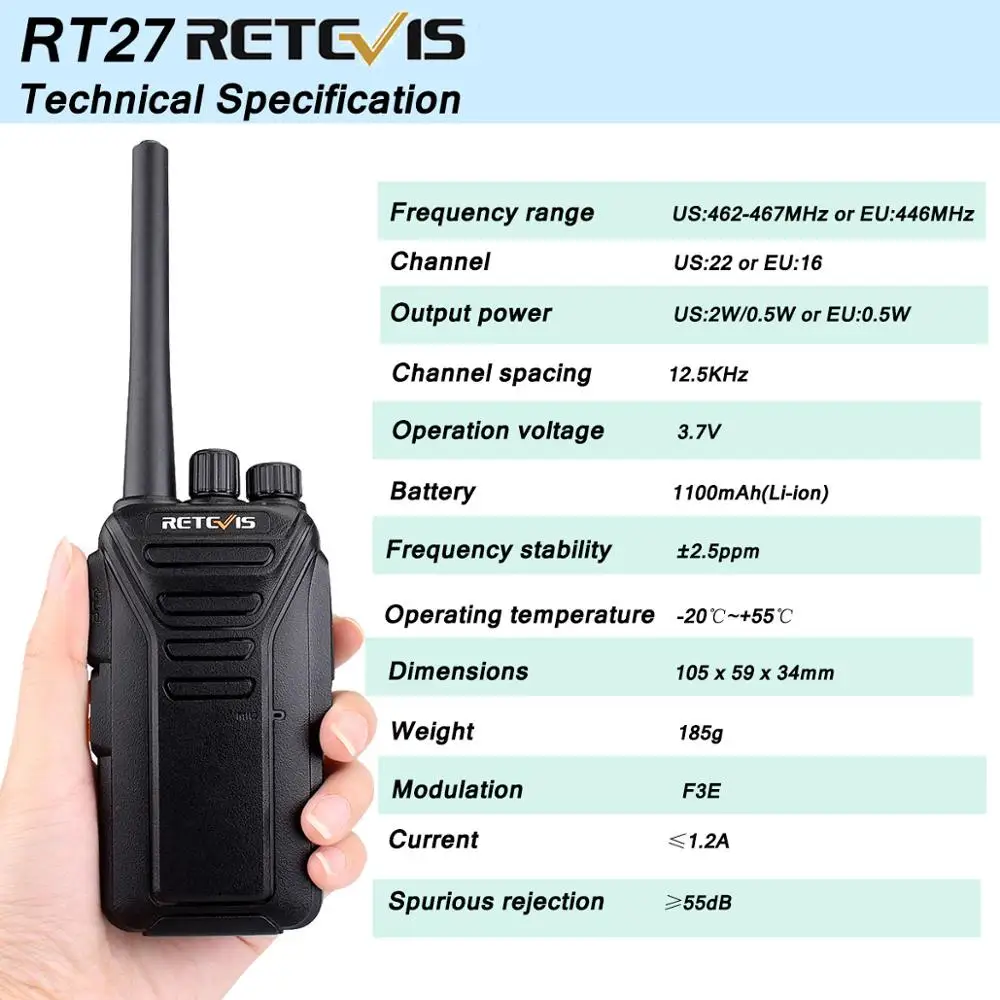 2 шт Retevis RT27 Walkie Talkie лицензий PMR/FRS 0,5 W/2 W PMR446 UHF 16/22CH VOX CTCSS/DCS скремблер Портативный двухстороннее радио