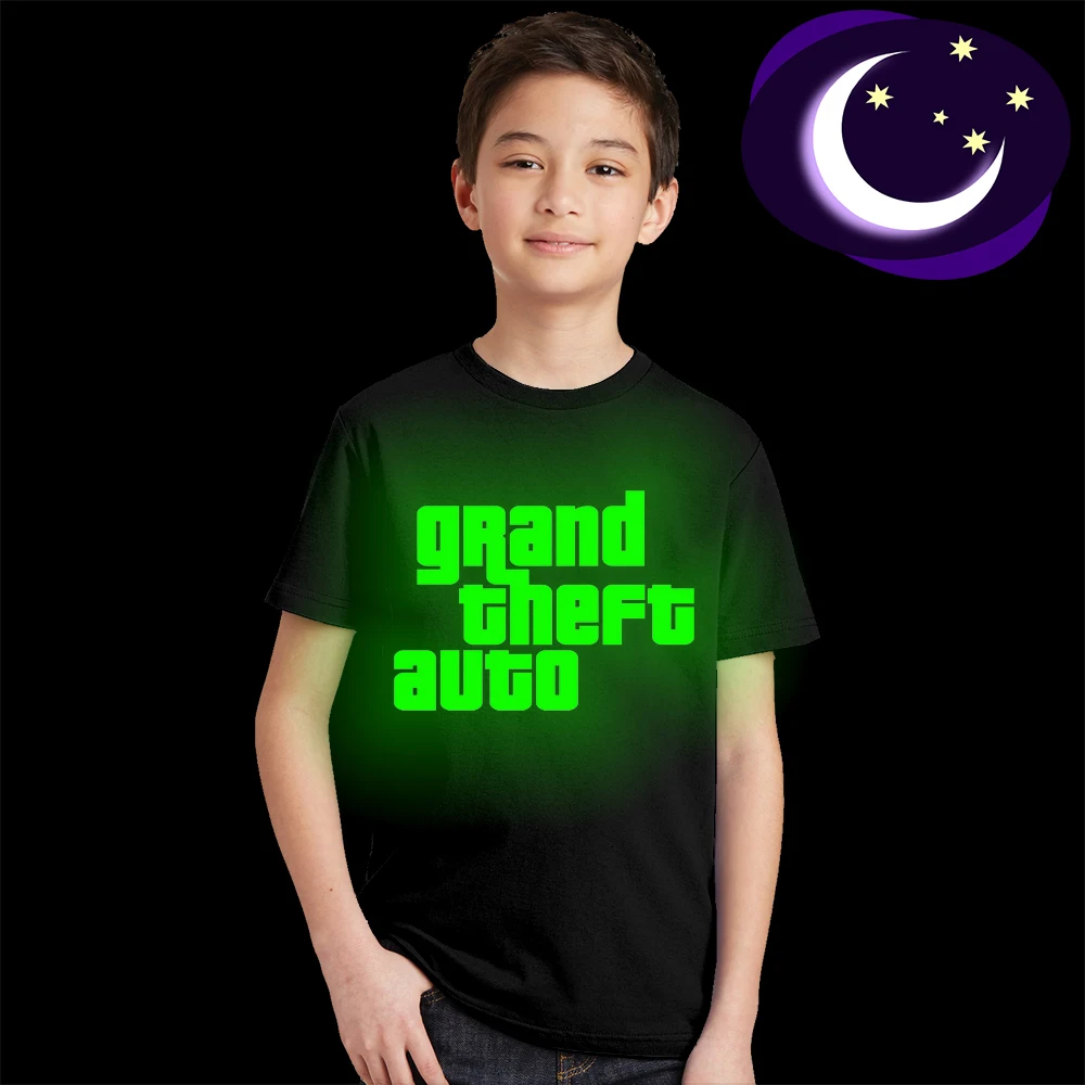 

Glow In Dark GTA 5 Logo T Shirt for Children Boys Girls Gta5 Streetwear Tops Tshirt Gta V Kids Summer Clothes Logo Luminous Tee