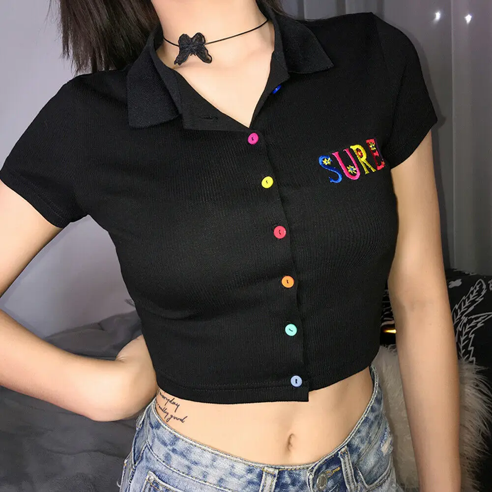 

Wholesale T Shirts Women Tee 2019 Solid women fashion Black v neck sure letter embroidery colorful button Top Female T-shirt