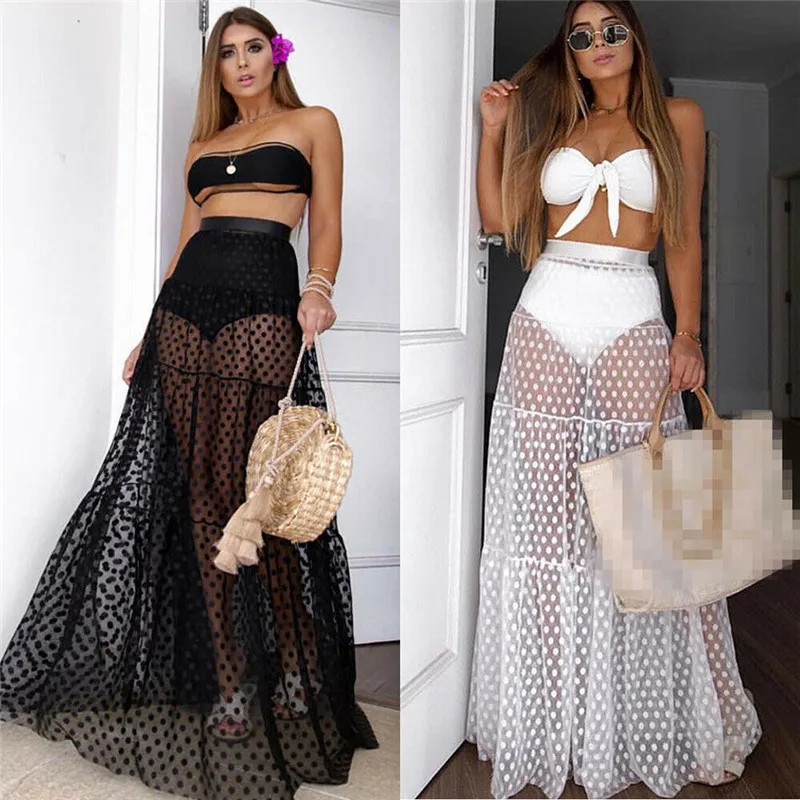 

Summer Sexy Womens Ladies High Waist Lace Perspective Mesh Polka Dot Maxi Skirt Beach Cover up Long Skirt