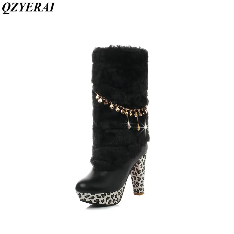 

QZYERAI Winter ultra high heel leopard print waterproof platform female boots medium tube detachable female shoes fashion trend