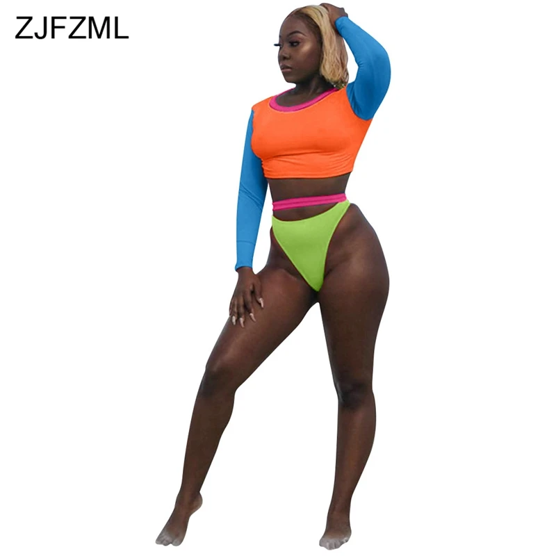 

ZJFZML Contrast Color Summer Two Piece Set Women O Necck Full Sleeve Bandage Crop Top+Sexy Fitness Triangle Short Plus Size Suit