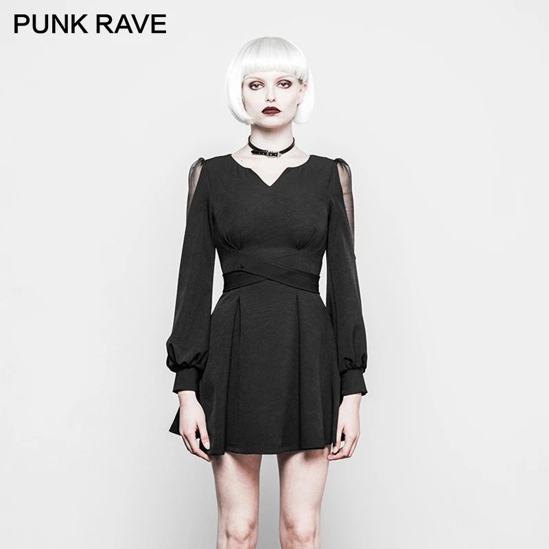 

PUNK RAVE New Dark Fashion Ultra-high Belt Black Gleamingly Thin Long Sleeve Small V Collar Mini Summer Sexy Dress