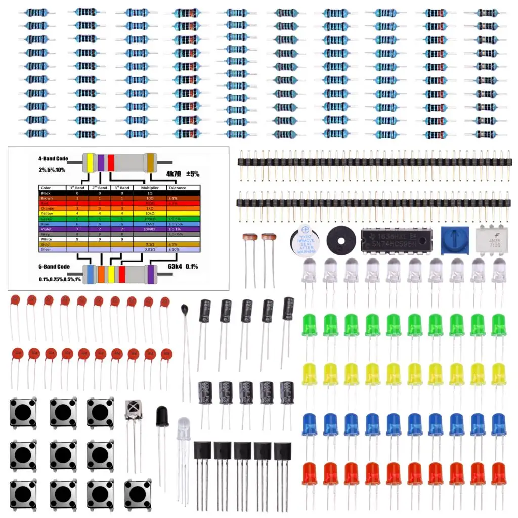 

Electronics Component Basic Starter Kit w/ Precision Potentiometer, Buzzer, Capacitor Compatible for Arduino