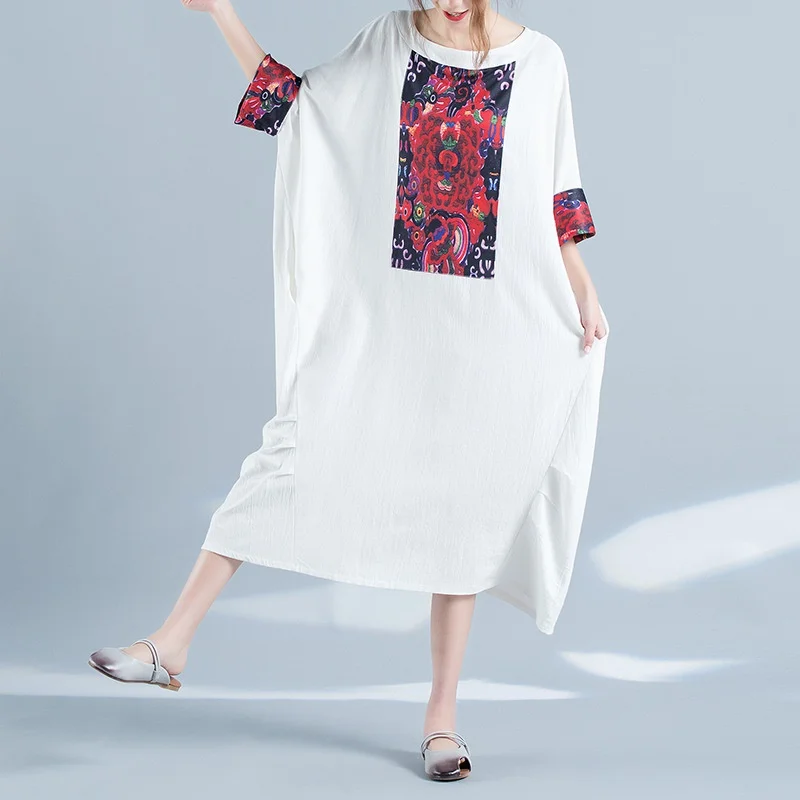 Винтажное женское элегантное китайское платье, женское свободное повседневное этническое платье с рукавом летучая мышь, белое черное восточное платье TA1543